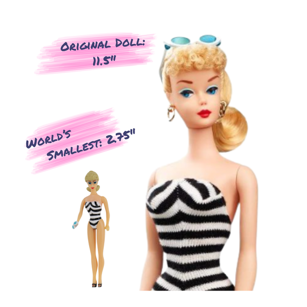 Barbie doll in a striped dress with text comparing its size to the original doll.