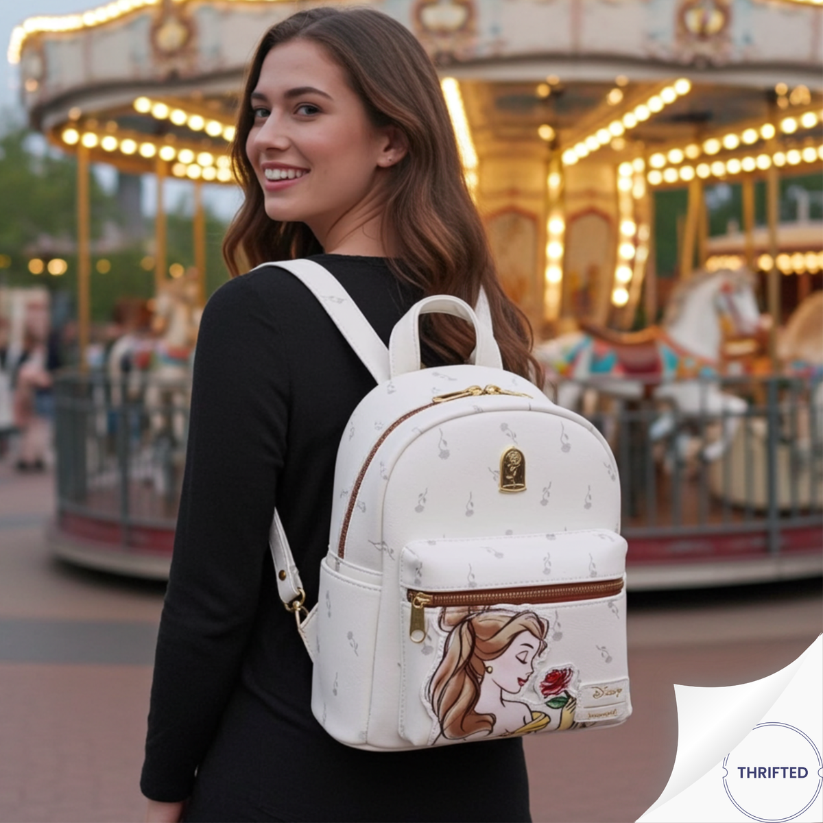 Loungefly x Disney Beauty and the Beast Belle Mini Backpack — Cream, Rose Allover Print