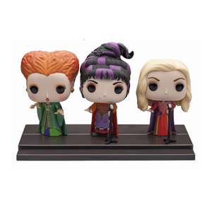 Funko Pop Movie Scene Hocus Pocus Sanderson Sisters figurines on a black stand against a white background