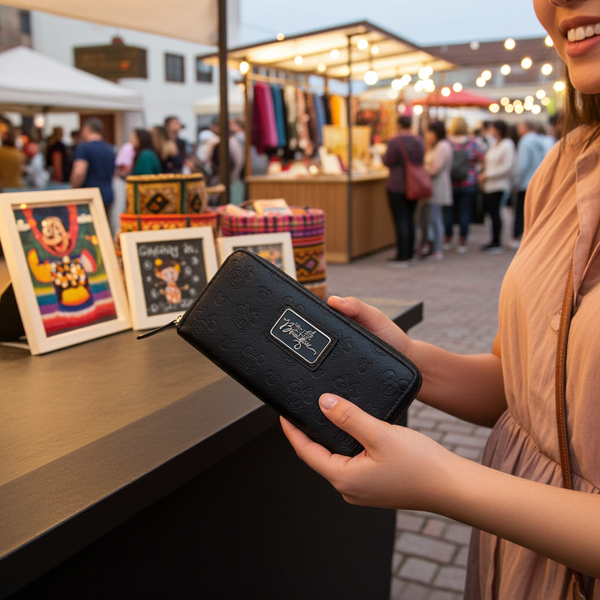 Person holding a Disney Parks Mickey and Minnie Mouse Embossed Wallet - Boutique Icon at an outdoor market.