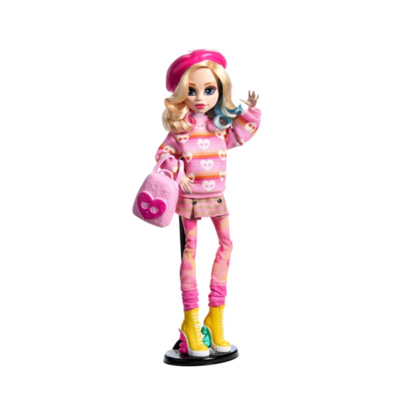 Monster High x Wednesday Enid Sinclair Doll with a pink fashion aesthetic including a striped turtleneck, plaid skirt, marbled tights, scrunched leg warmers, and yellow sneakers with toy animal heels.