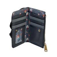 Open Hocus Pocus black wallet with character pattern lining and card holders on a white background