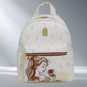 Loungefly x Disney Beauty & The Beast Falling Roses Mini Backpack on a gray background. 