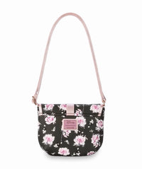 Loungefly x Disney Positively Minnie Collection Saddle Bag. Black Pink Floral on a white background