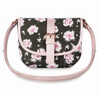 Loungefly x Disney Positively Minnie Collection Saddle Bag. Black and Pink Floral on a white background