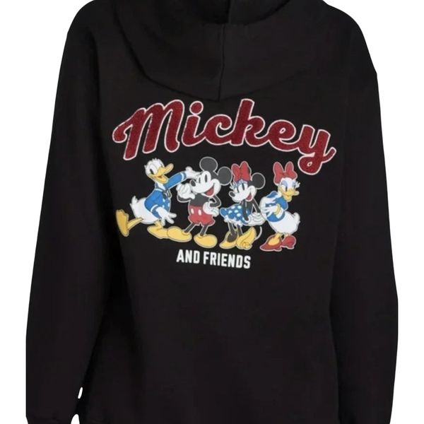 Back of a Black hoodie with 'Mickey and Friends' graphic on a white background
