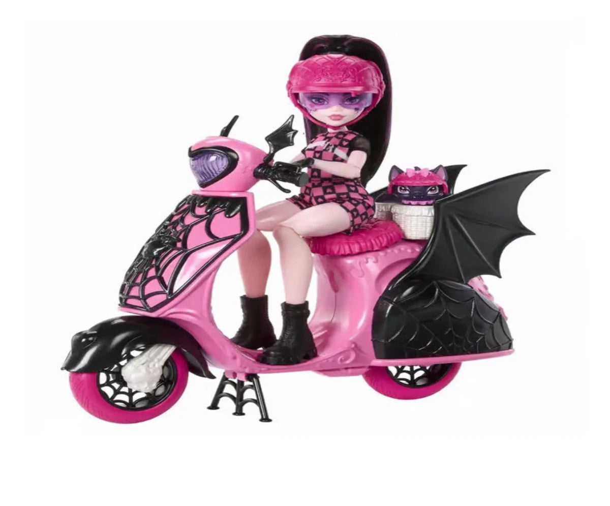 Monster High Draculaura Doll & Count Fabulous Bat sitting on her Vamptastic Scooter on a white background.