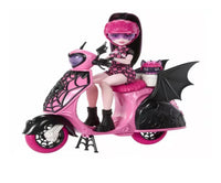 Monster High Draculaura Doll & Count Fabulous Bat sitting on her Vamptastic Scooter on a white background.