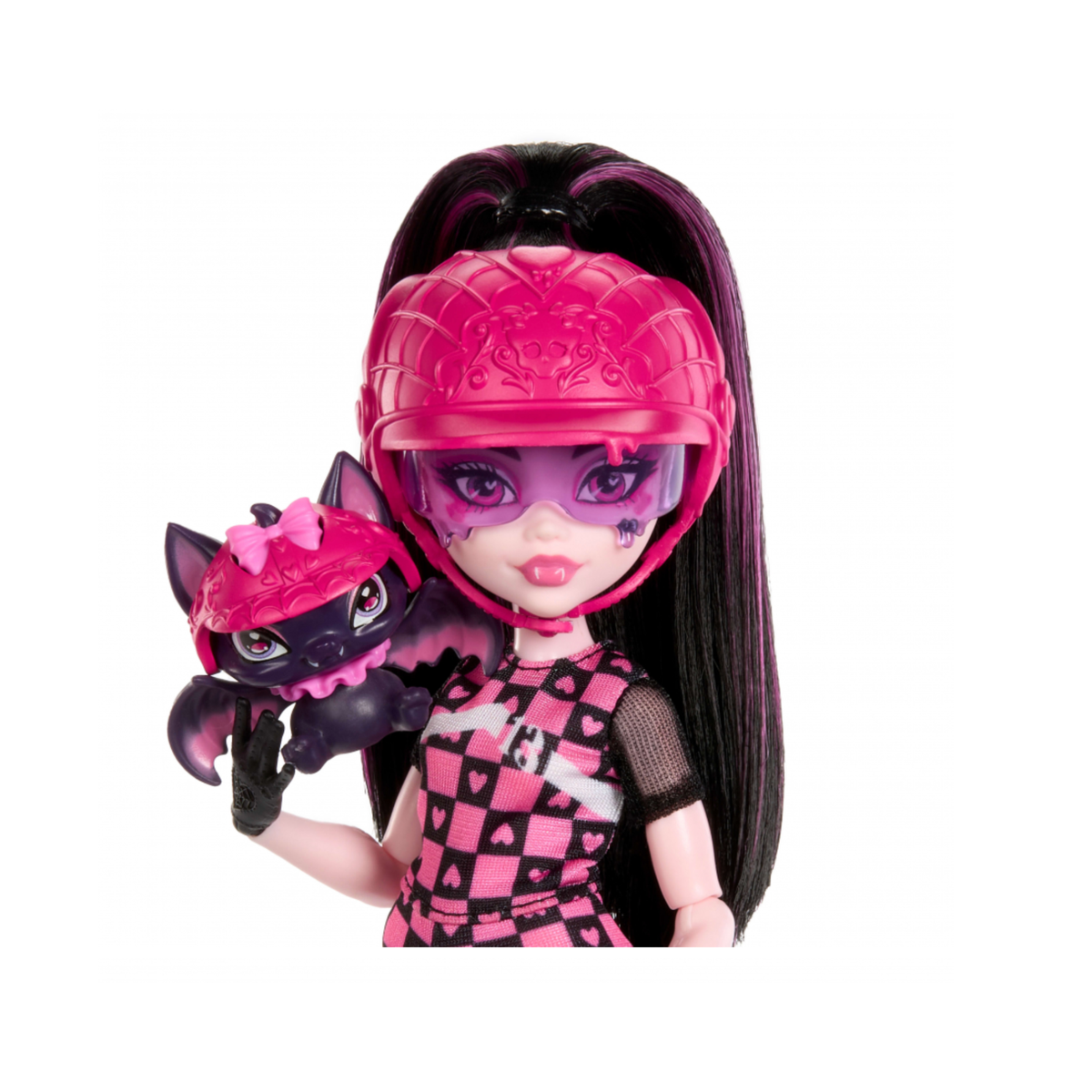 Monster High Draculaura Doll & Count Fabulous Bat close-up with coordinating pink helmets on a white background.