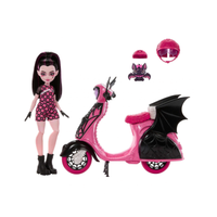 Monster High Draculaura Doll in a pink and black checkered outfit with her pet bat Count Fabulous in a pink bowalong with her pink and black Vamptastic Scooter and pink helmets on a white background.
