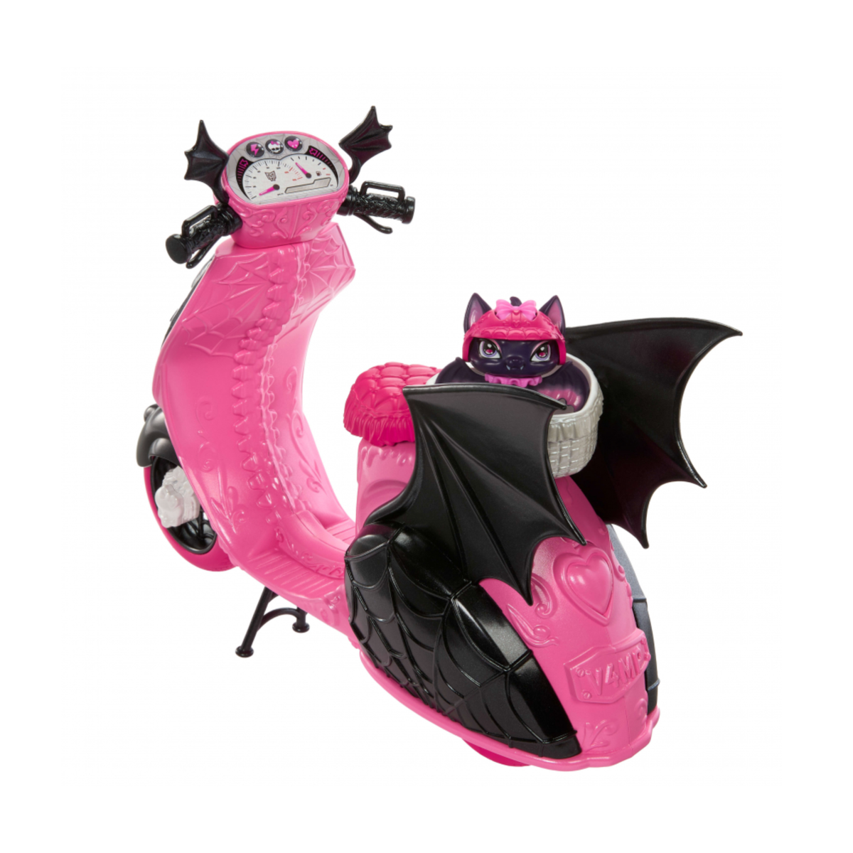 Pink toy scooter with black wings and bat in a basket on a white background