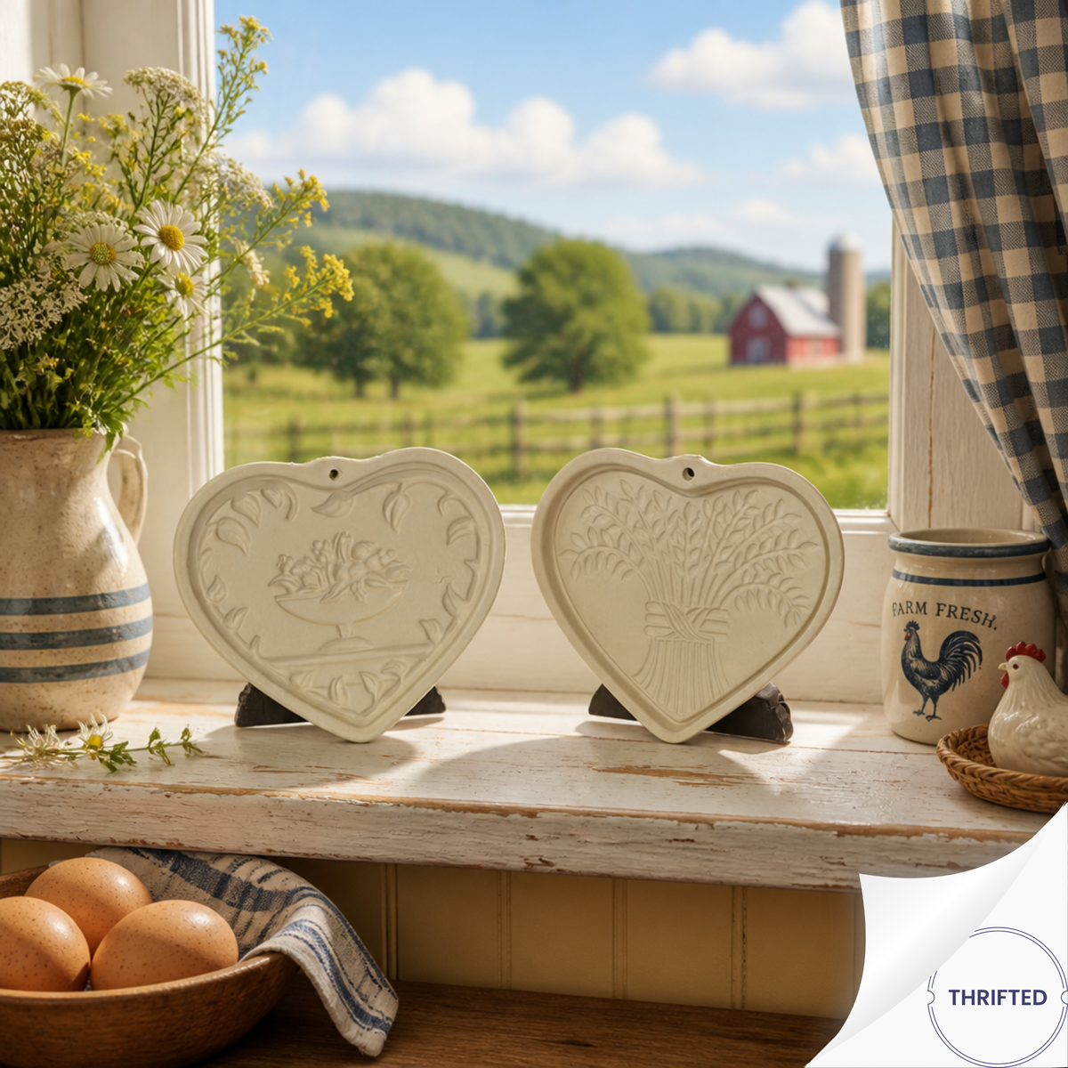 Pampered Chef Family Heritage Collection | Heart Stoneware Cookie Molds | Set of 2 | Discontinued Collector's Set | Care Instructions & Recipe Cards