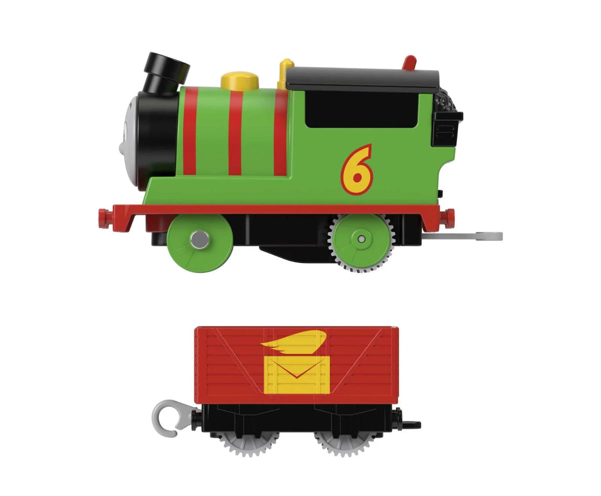 Thomas and Friends - Percy Motorized Toy Train Engine and Tender Side View. Percy is a green train engine with red stripes and has red tender. Shown on a white background