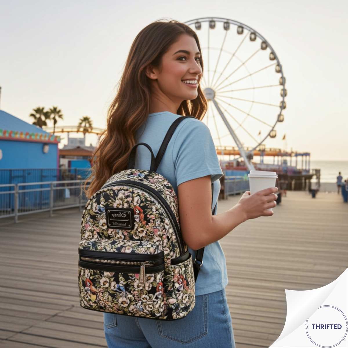 Loungefly x Disney Princess Black Floral Mini Backpack — Cinderella, Ariel, Aurora, Belle & Snow White - NEW