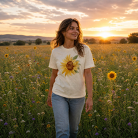 Woman standing in a sunflower field wearing a t-shirt with a sunflower design at sunset.