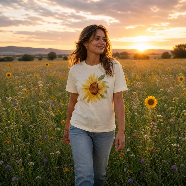 Woman standing in a sunflower field wearing a t-shirt with a sunflower design at sunset.