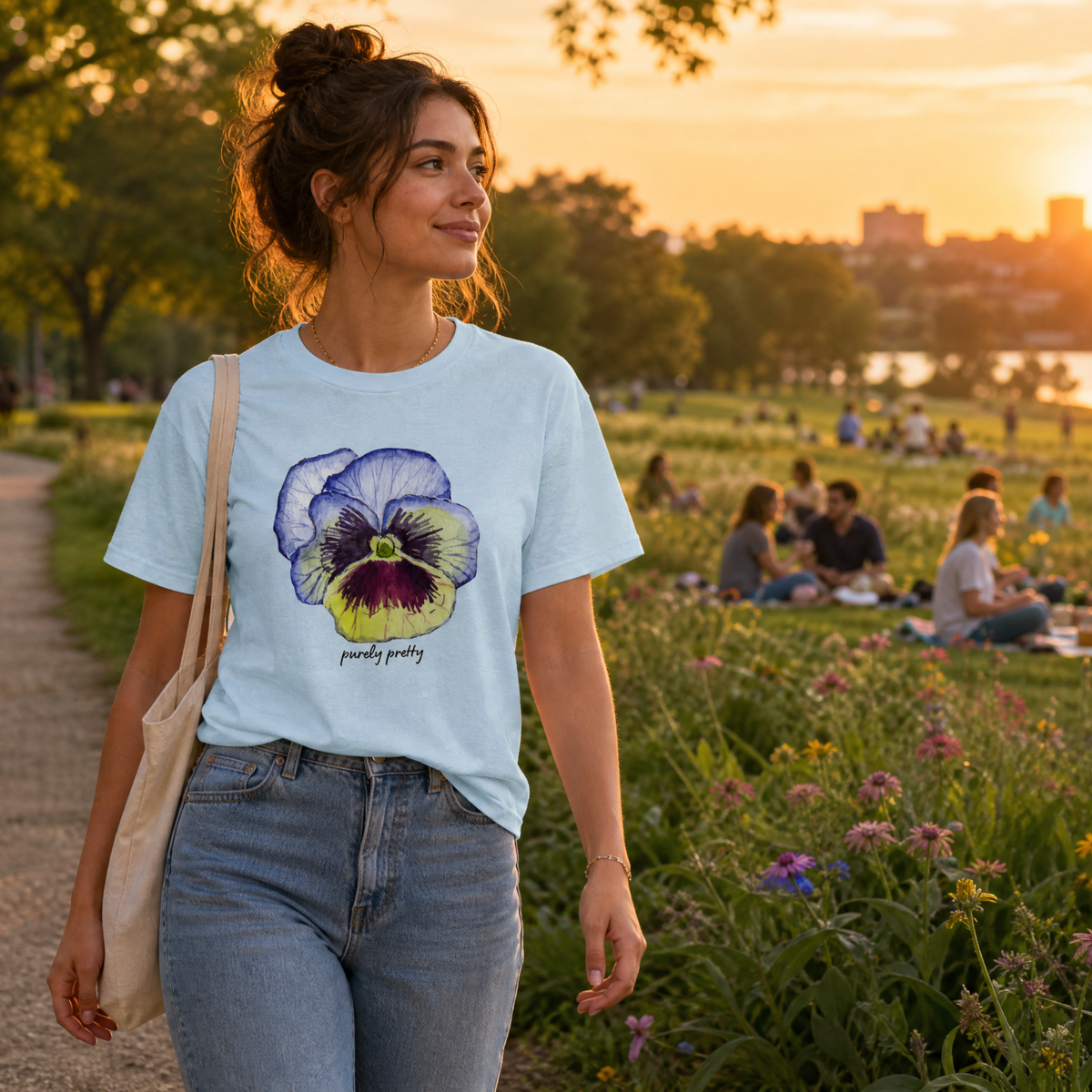 Recycled Printed T-shirt, Watercolor Design, Pansy, Unisex