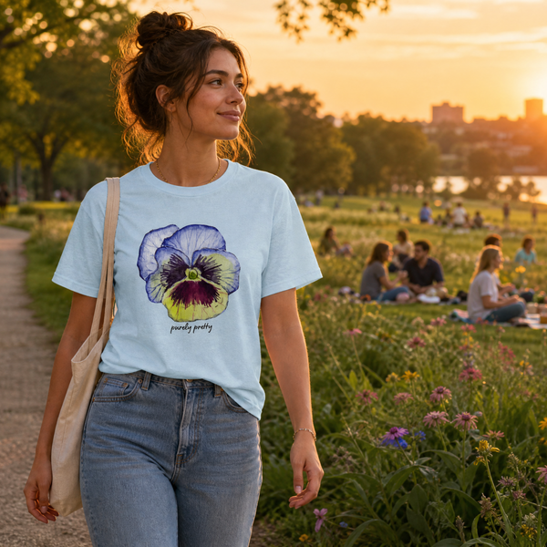 Recycled Printed T-shirt, Watercolor Design, Pansy, Unisex