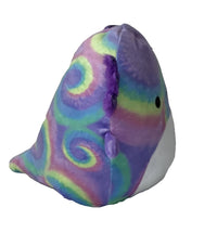 Squishmallows Original Delphine Rainbow Tie Dye Axolotl side view on a white background