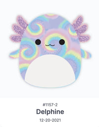 Squishmallows Delphine Axolotl cartoon image with Squish number 1157-2 and Squish date 12-20-2021 on a white background. 