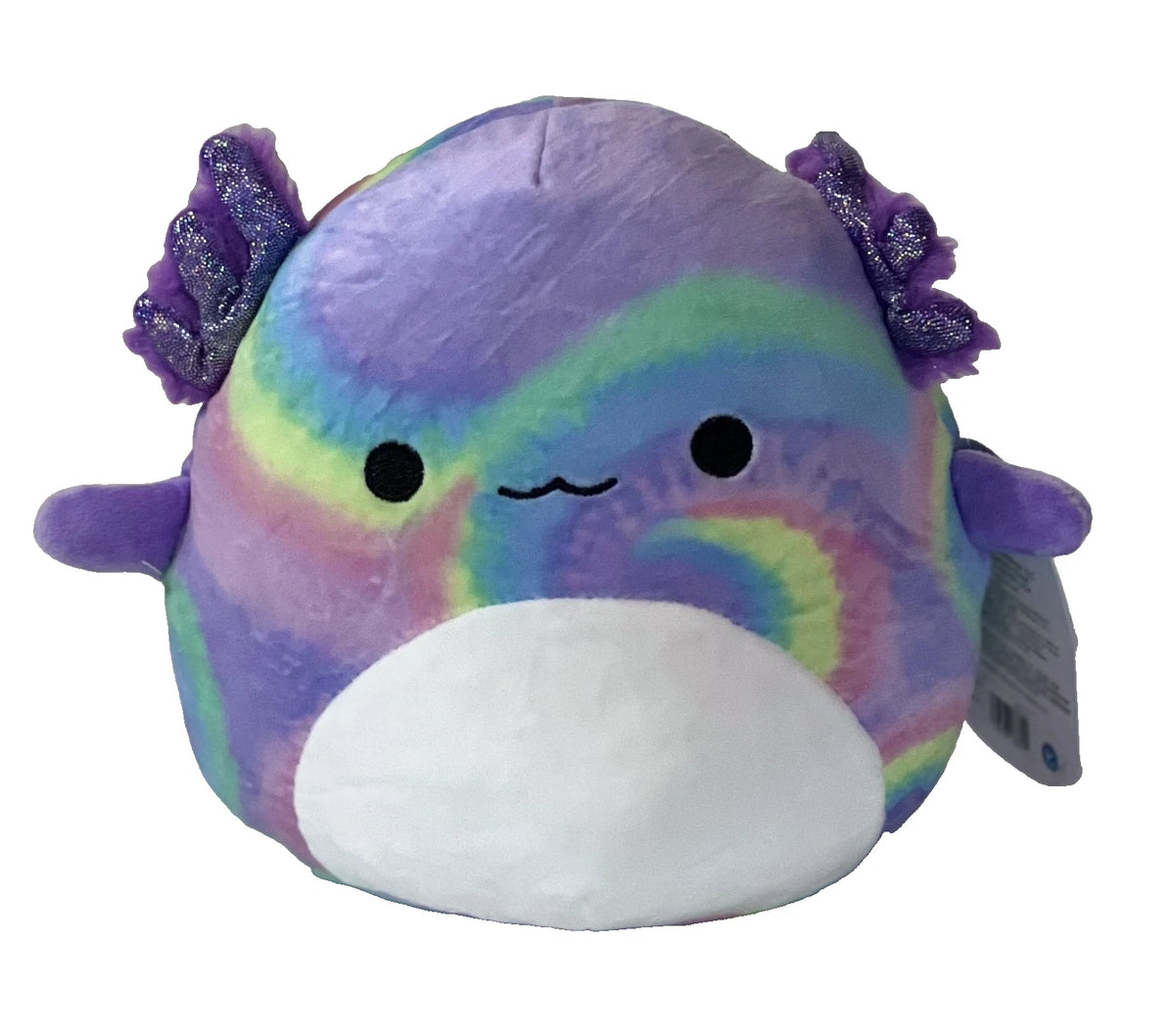 Squishmallows Original Delphine Rainbow Tie Dye Axolotl on a white background