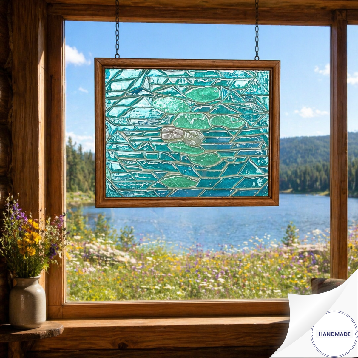 Handmade Stained Glass Panel | Abstract Water & Lily Pads | Teal & Aqua Mosaic Art | 15"x12" | Oak Frame