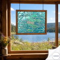 Handmade Stained Glass Panel | Abstract Water & Lily Pads | Teal & Aqua Mosaic Art | 15"x12" | Oak Frame