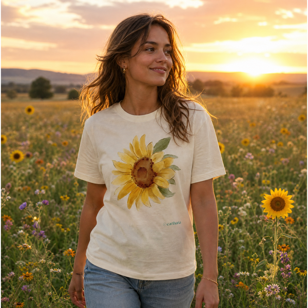 Recycled Printed T-shirt, Watercolor Design, Sunflower, Unisex