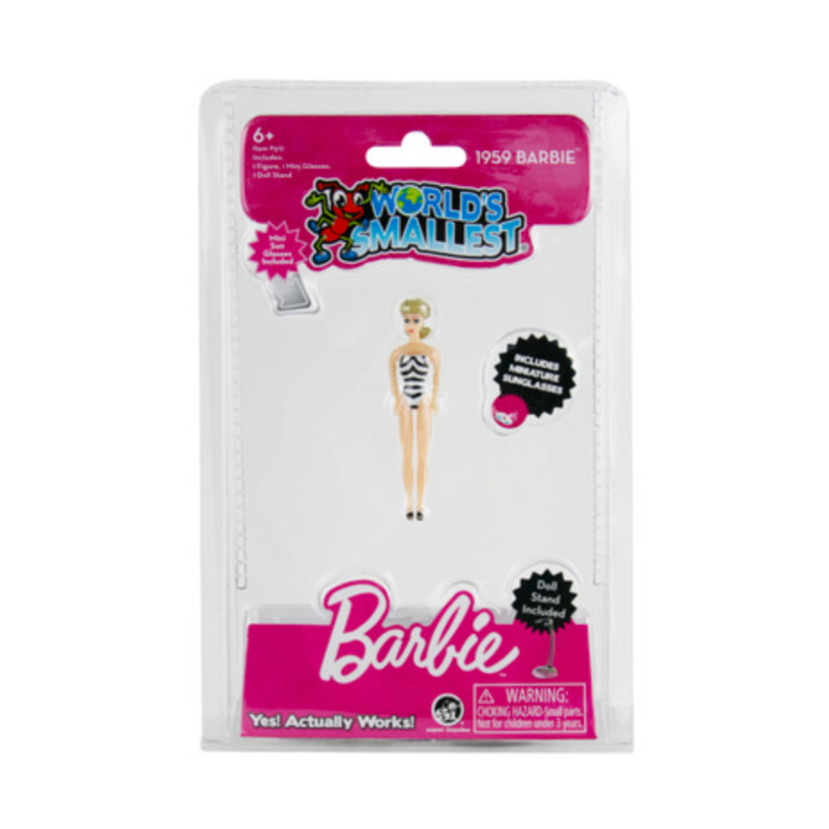 World's Smallest Barbie 1959 Swimsuit Classic Barbie doll by Super Impulse in the package. This mini figure is a replica of the iconic 1959 Barbie, dressed in a black and white swimsuit with her iconic ponytail and sunglasses. Shown on a white background.