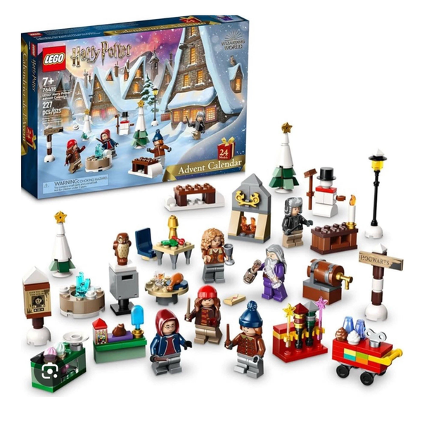 LEGO Harry Potter Advent Calendar with various minifigures and sets displayed in front of the box.