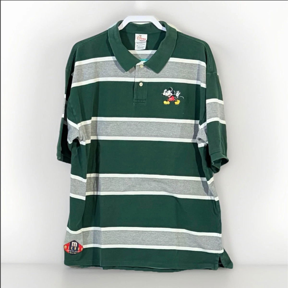 Disney Store Mickey Mouse Embroidered Varsity Squad Polo - Striped Green & Gray