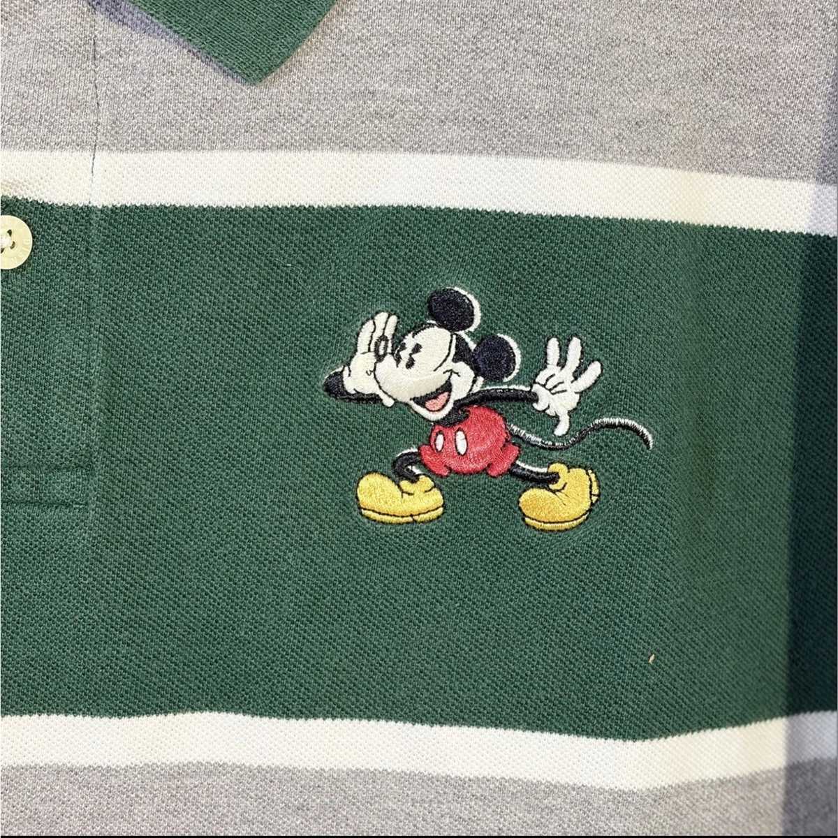 Disney Store Mickey Mouse Embroidered Varsity Squad Polo - Striped Green & Gray