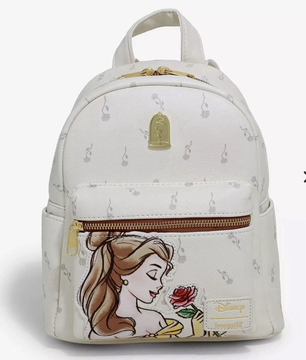 Backpack with Disney design featuring a character and a rose on a white background