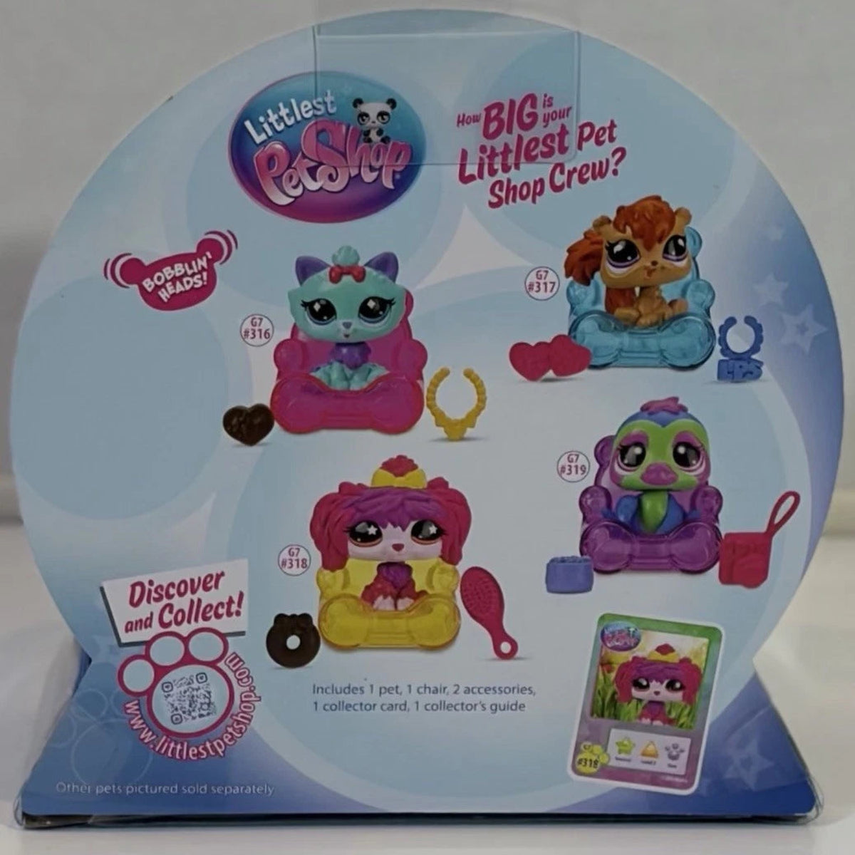 Littlest Pet Shop toy packaging with characters and accessories on a blue background