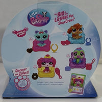 Littlest Pet Shop toy packaging with characters and accessories on a blue background