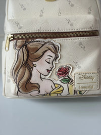 Backpack with Disney design featuring a character holding a rose on a light gray background